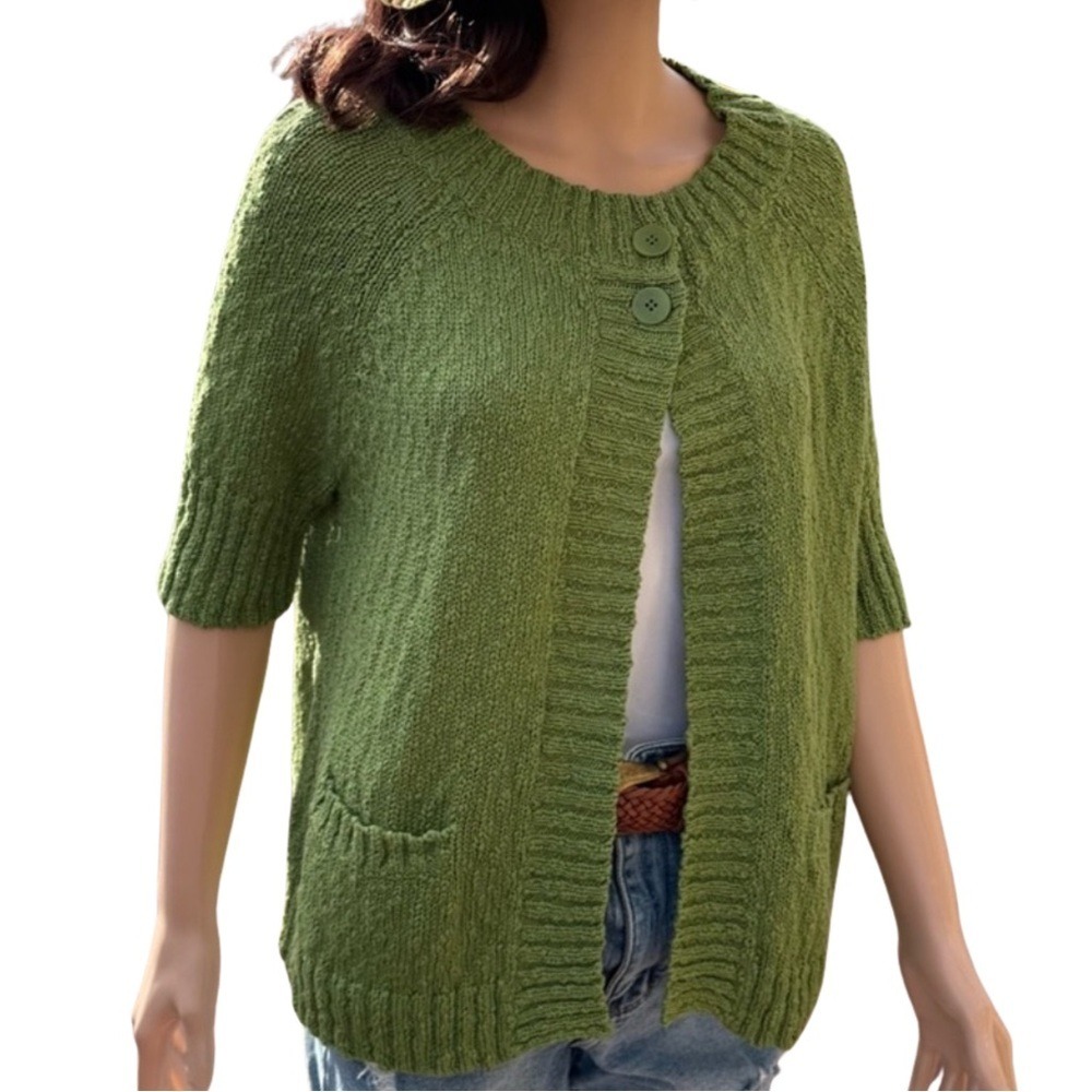 Eileen Fisher Green 100% Cotton Short Sleeve Button Neck Cardigan Sweater Size M